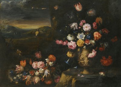 Still Life with Vase of Flowers in a Coastal Landscape Setting by Francesco Mantovano